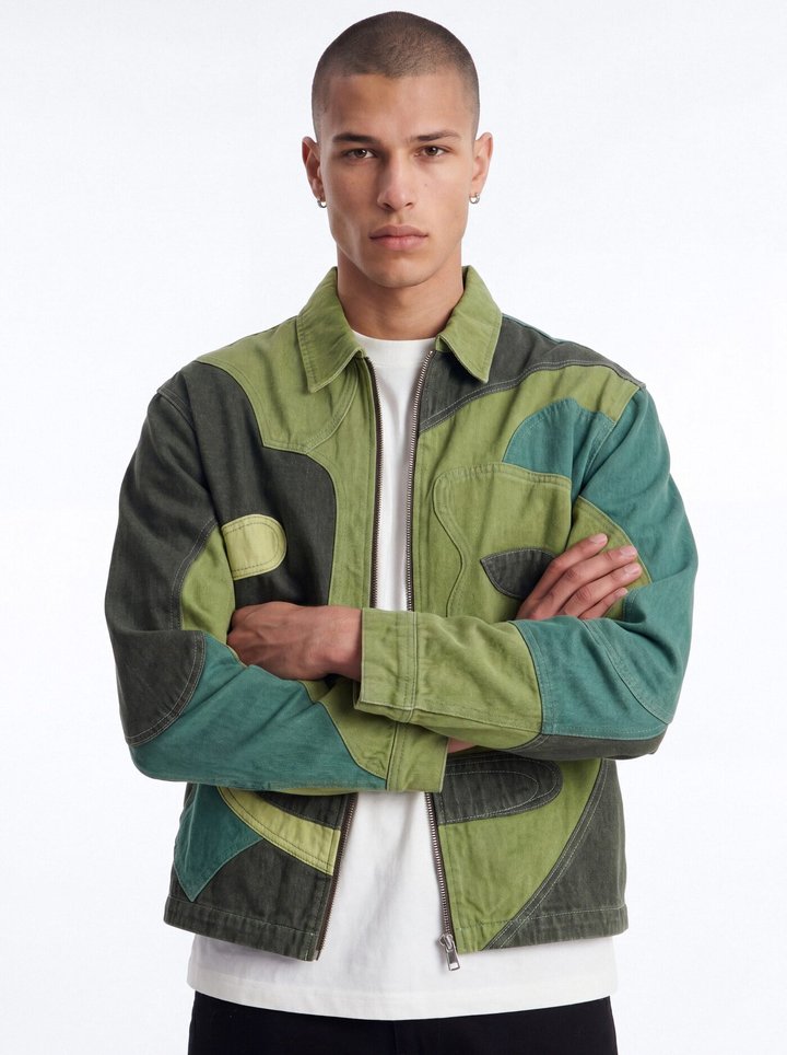 Portrait Patchwork Denim Jacket - Green/combo