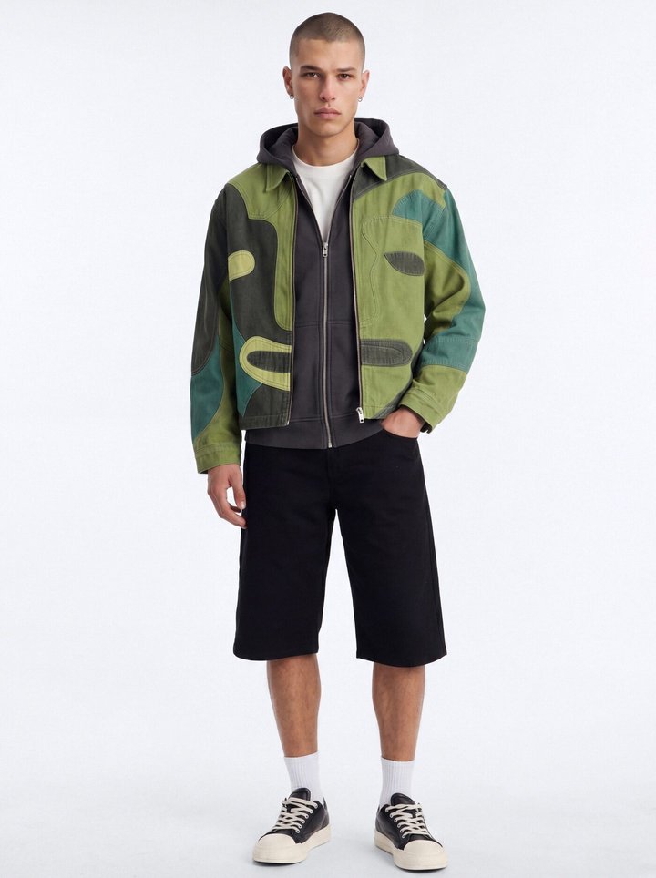 Portrait Patchwork Denim Jacket - Green/combo
