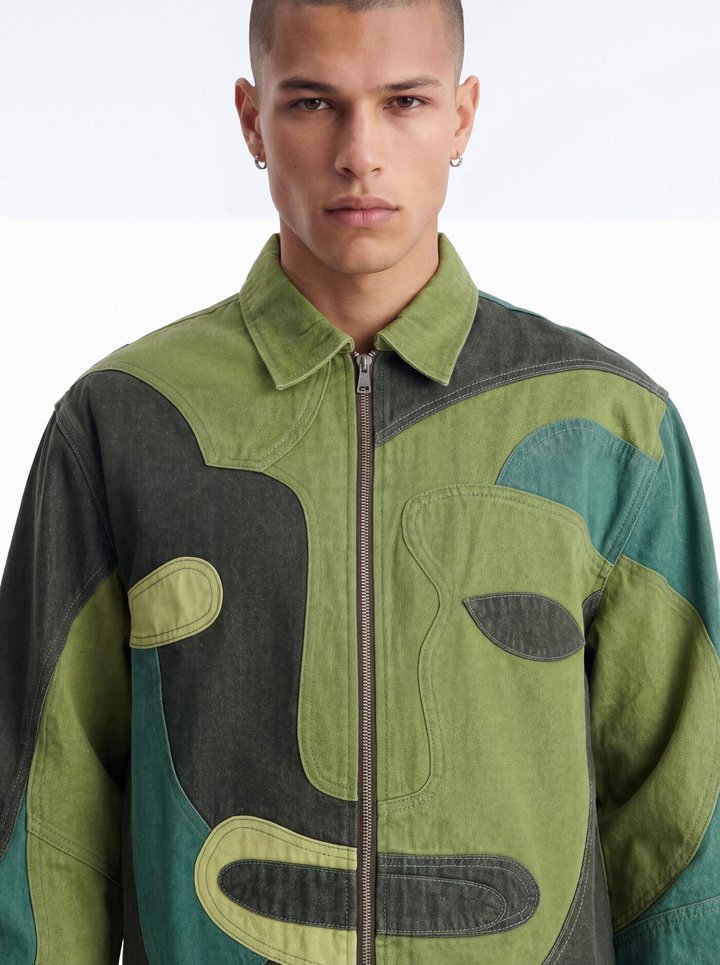 Portrait Patchwork Denim Jacket - Green/combo
