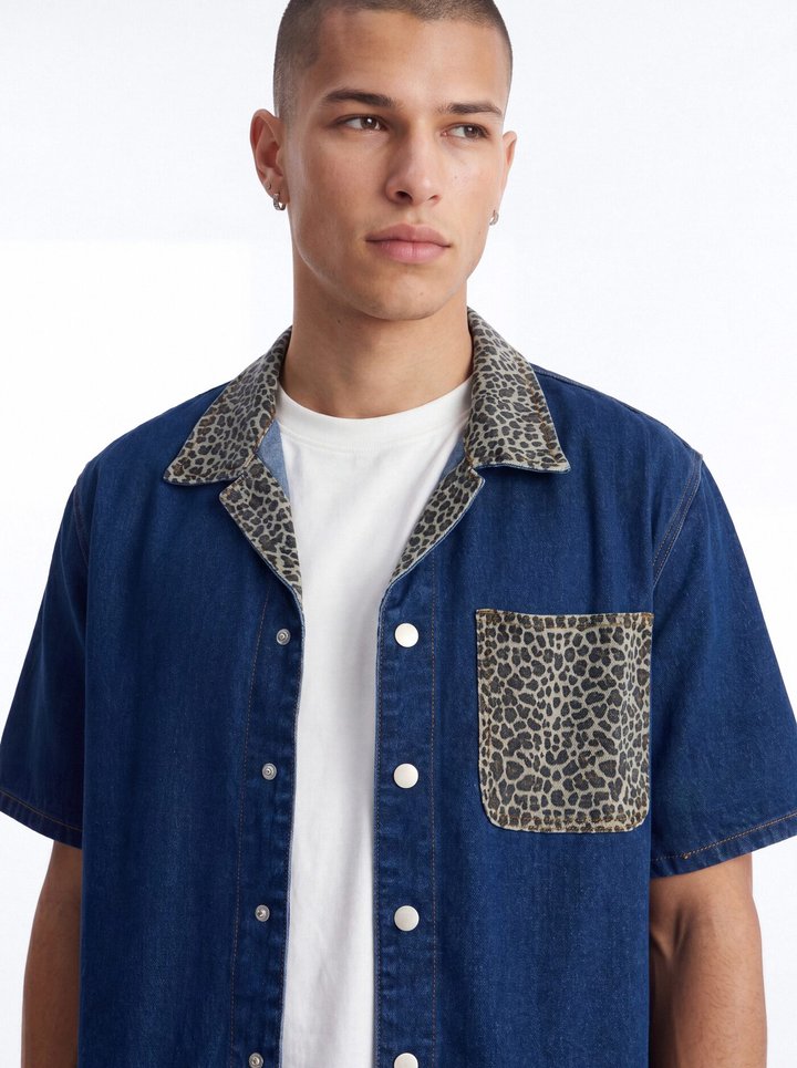 Vandal Leopard Denim Cuban Collar Shirt - Dark Wash