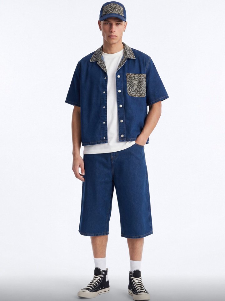 Vandal Leopard Denim Cuban Collar Shirt - Dark Wash