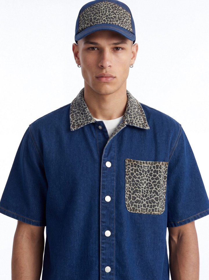 Vandal Leopard Denim Cuban Collar Shirt - Dark Wash