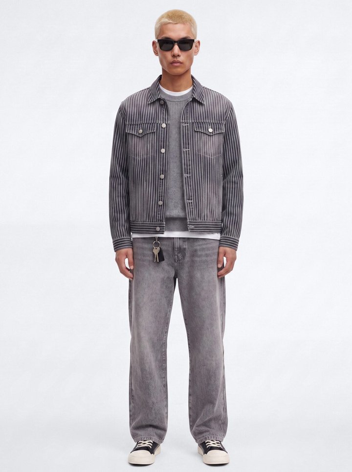 Striped Brooklyn Denim Trucker Jacket - Grey