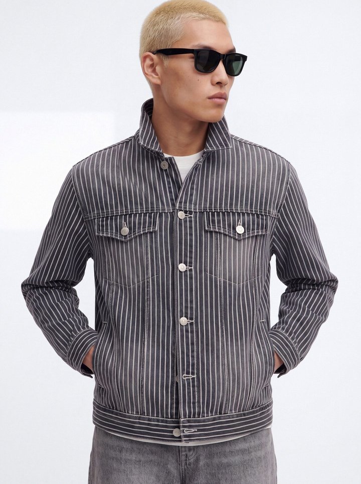 Striped Brooklyn Denim Trucker Jacket - Grey