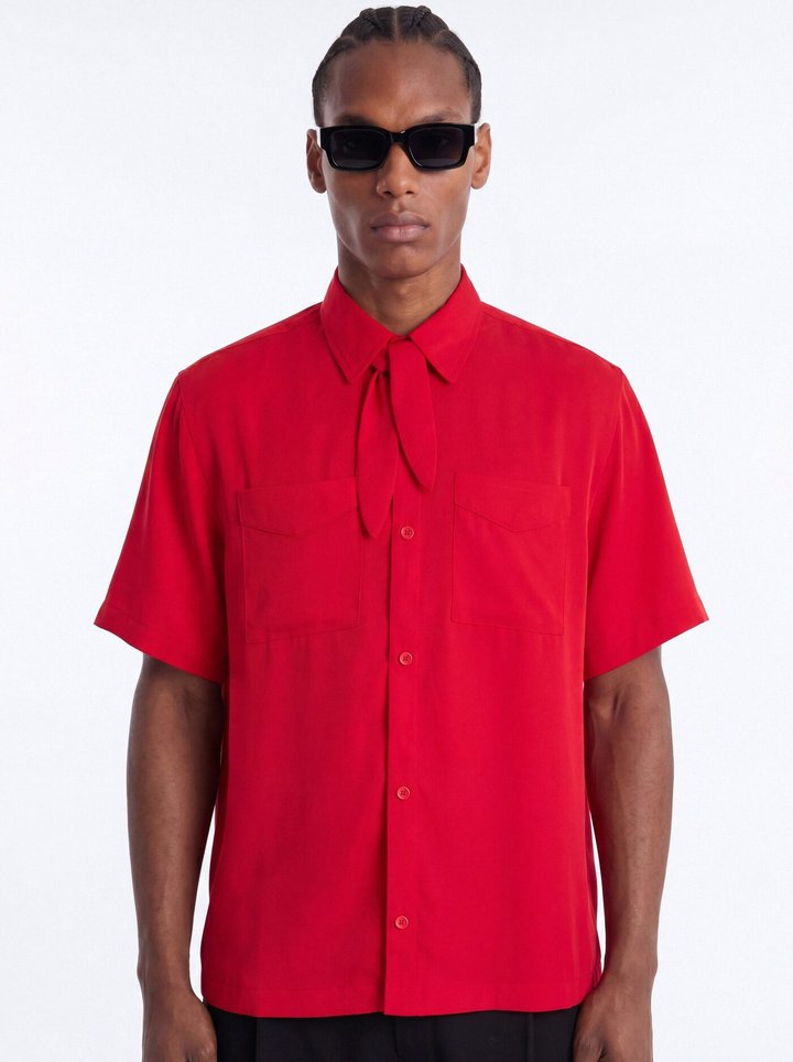 Relaxed Luxe Neckerchief Button Up Shirt - Red