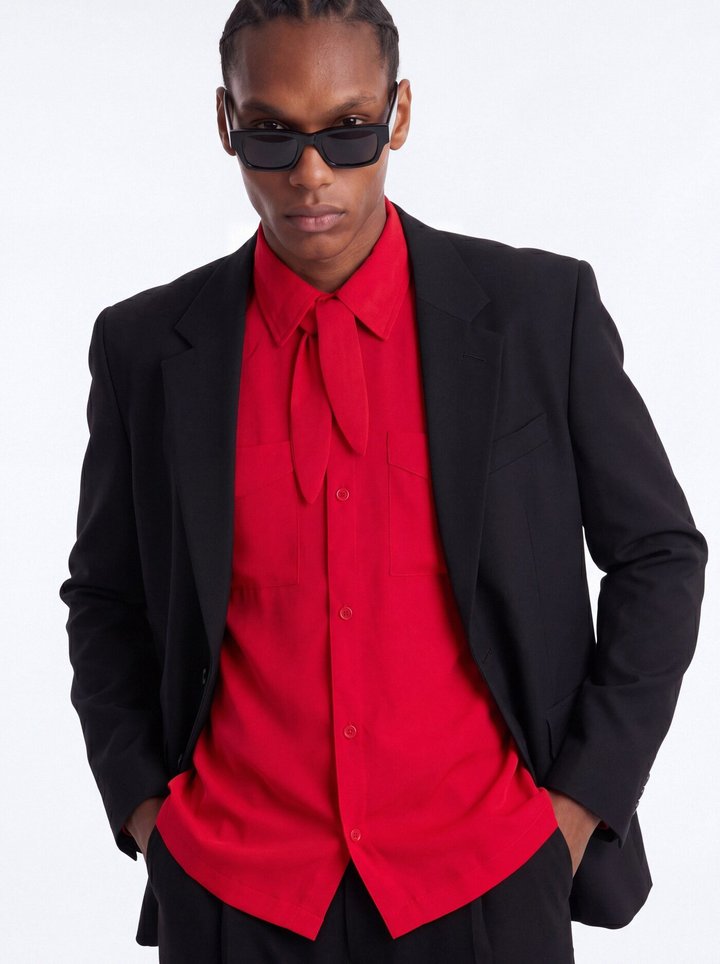 Relaxed Luxe Neckerchief Button Up Shirt - Red