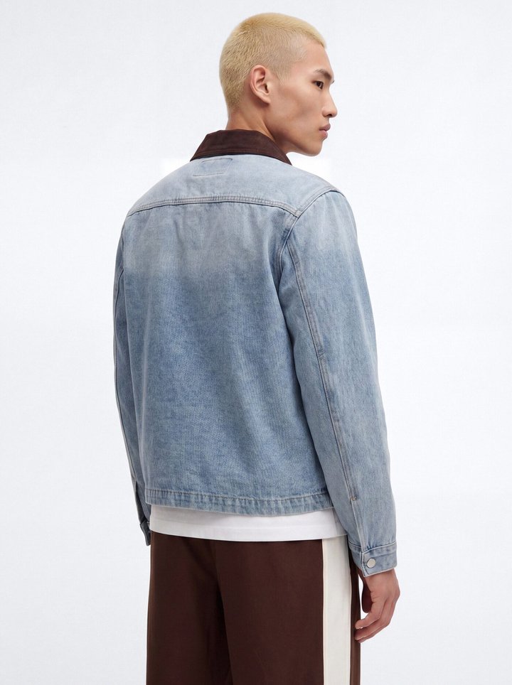 Contrast Collar Denim Work Jacket - Vintage Blue Wash