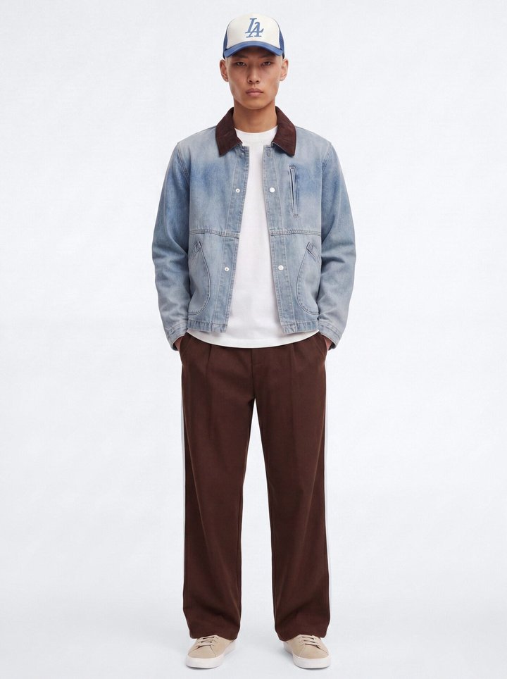 Contrast Collar Denim Work Jacket - Vintage Blue Wash
