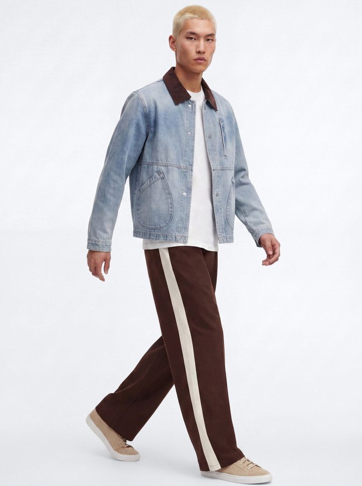 Contrast Collar Denim Work Jacket - Vintage Blue Wash