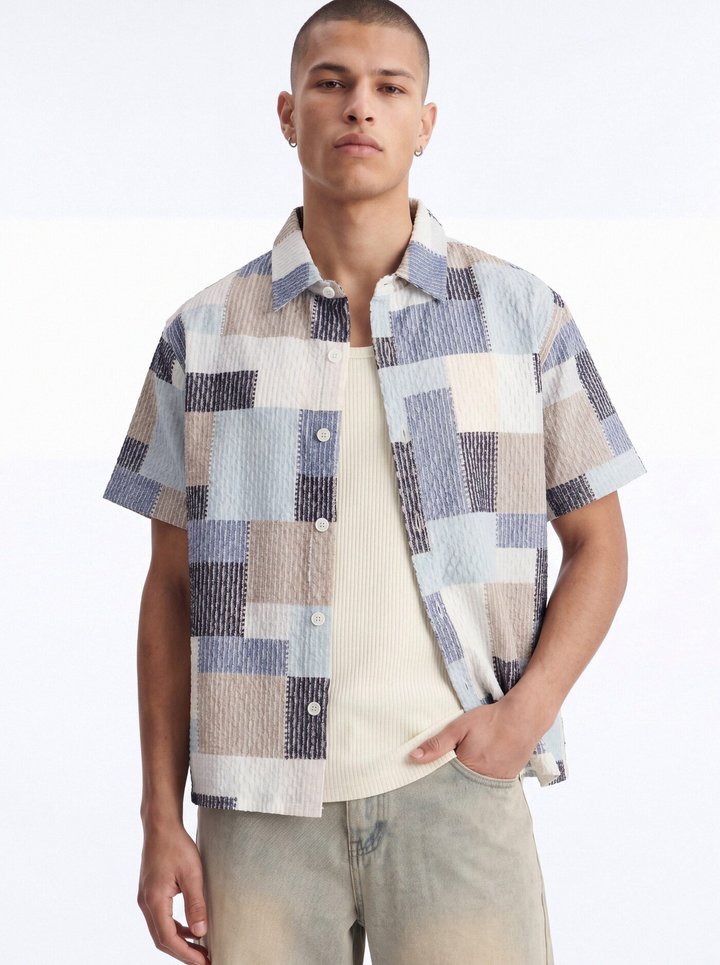 Blueprint Patchwork Button Up Shirt - Blue/combo