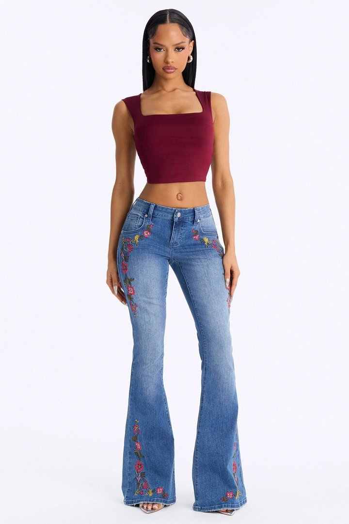 Pick Me Floral Embroidered Low Rise Jeans - Medium Wash