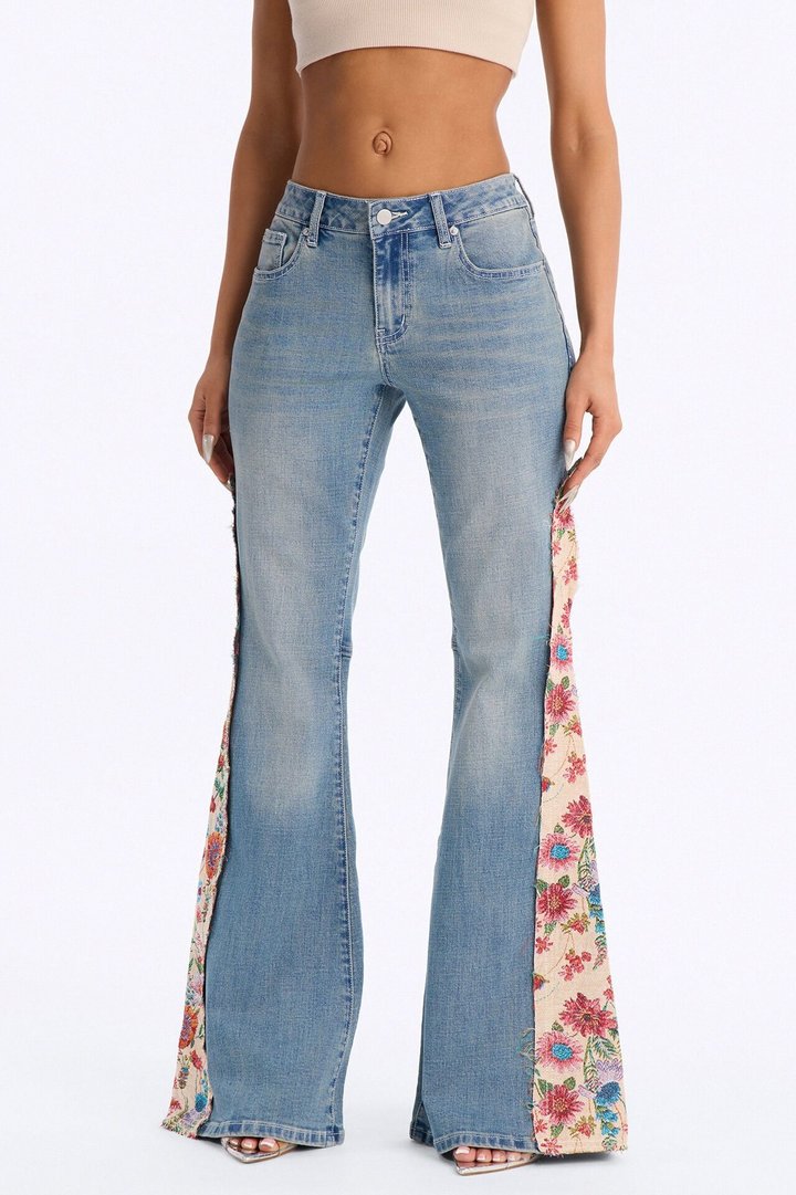 Golden Aged Tapestry Stretch Mid Waist Flare Leg Jeans - Vintage Wash