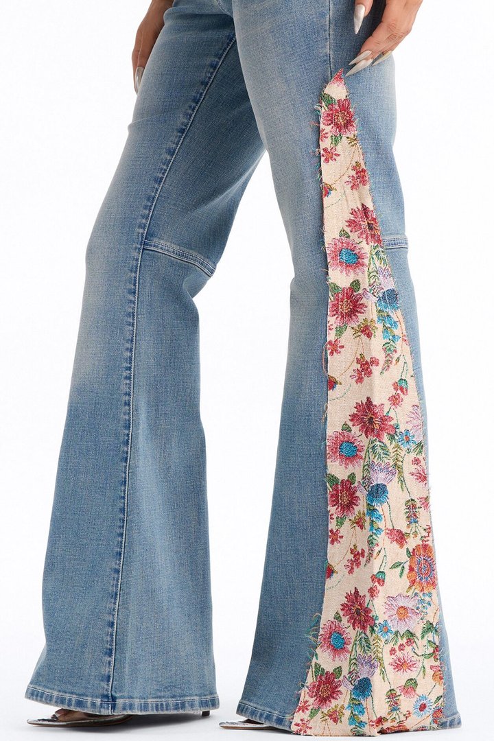 Golden Aged Tapestry Stretch Mid Waist Flare Leg Jeans - Vintage Wash