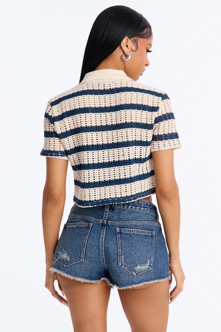 Costal Girl Striped Crochet Shirt - Navy/combo