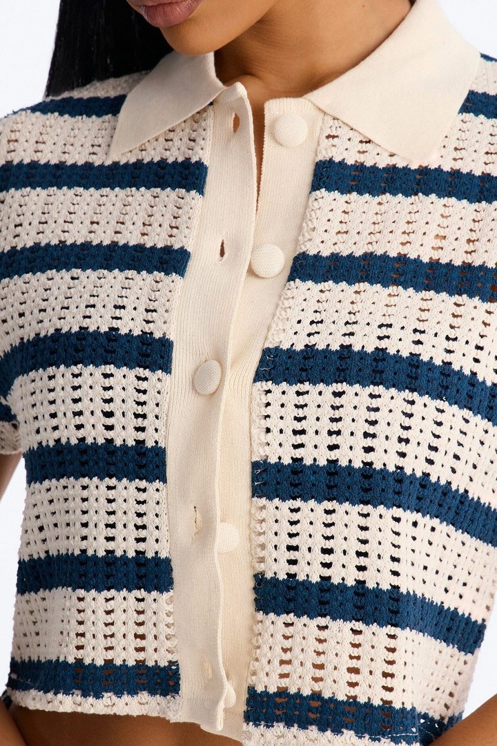 Costal Girl Striped Crochet Shirt - Navy/combo