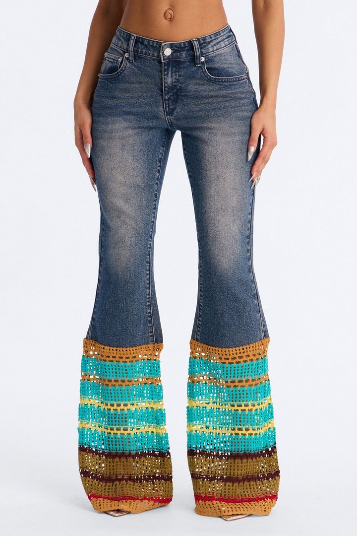 Sunspell Crotchet Trim Stretch Flare Leg Jeans - Vintage Wash