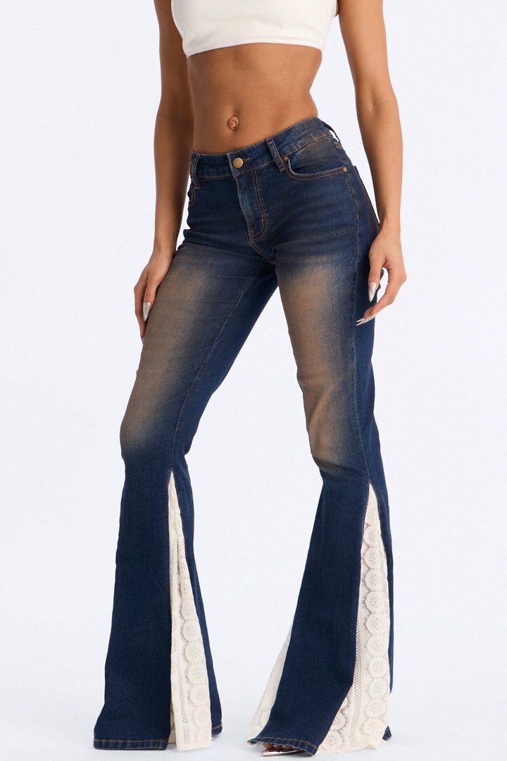 This Girl Low Rise Lace Mix Stretch Flare Jeans - Dark Wash
