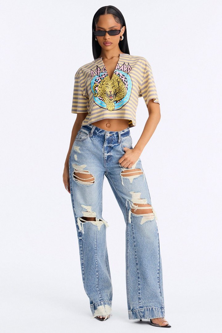 Def Leppard Stripe Crop Tee - Butter Yellow