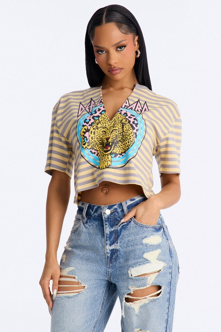 Def Leppard Stripe Crop Tee - Butter Yellow