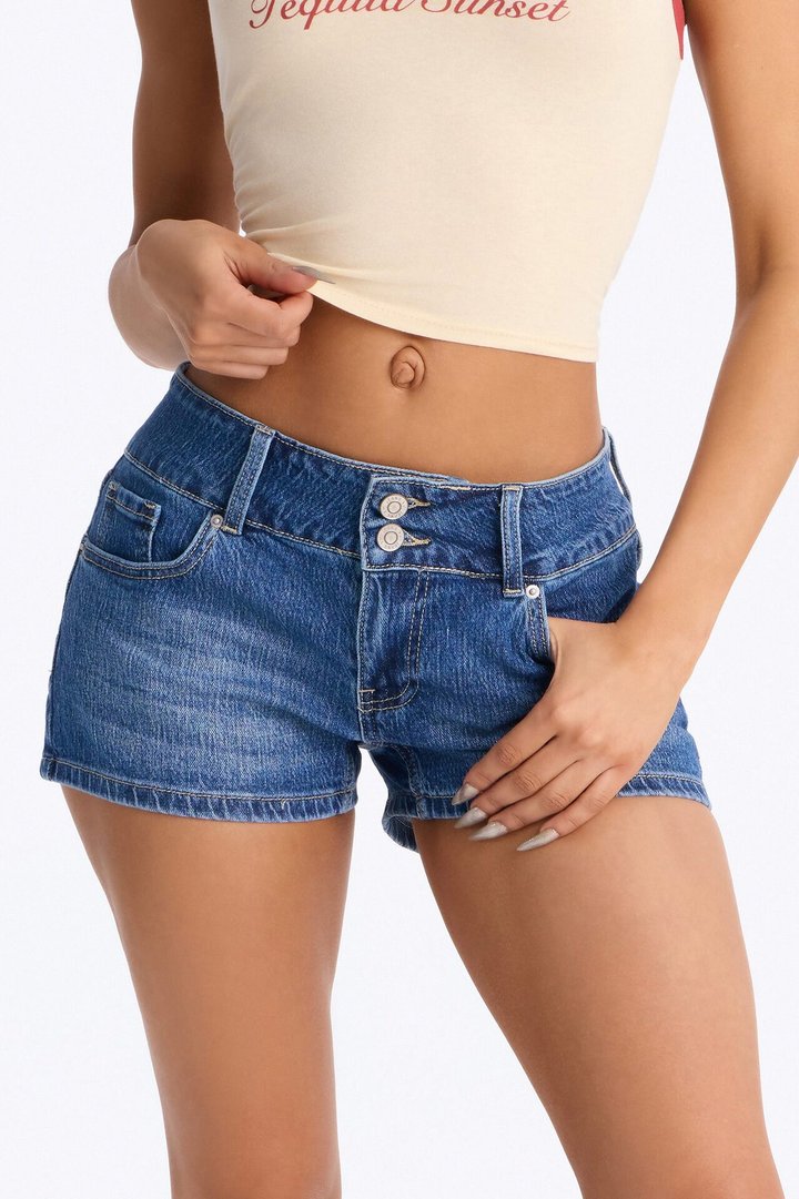 You Go Girl Low Rise Stretch Denim Shorts - Dark Wash