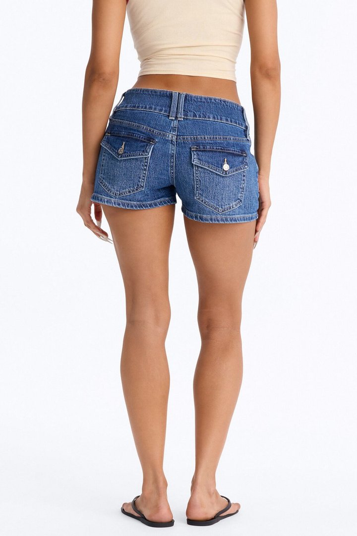 You Go Girl Low Rise Stretch Denim Shorts - Dark Wash