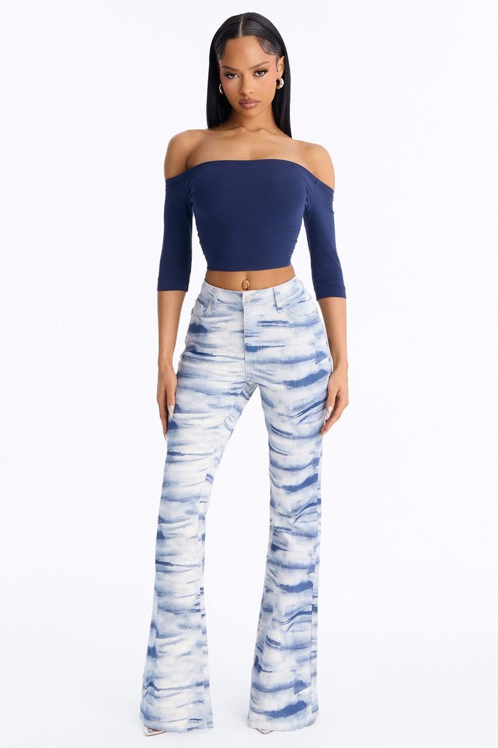 Heartland Printed Tie Dye Stretch Flare Jeans - Blue/combo