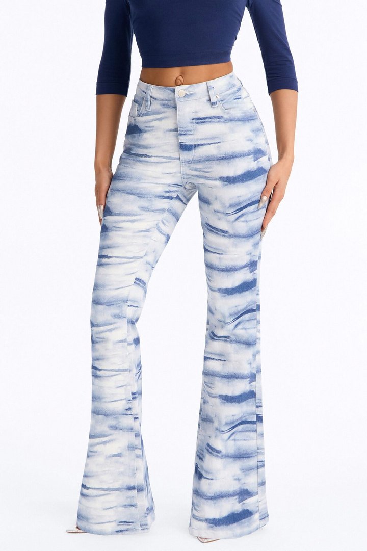 Heartland Printed Tie Dye Stretch Flare Jeans - Blue/combo