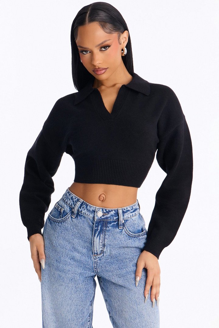Layla Cropped Pullover Sweater - Black