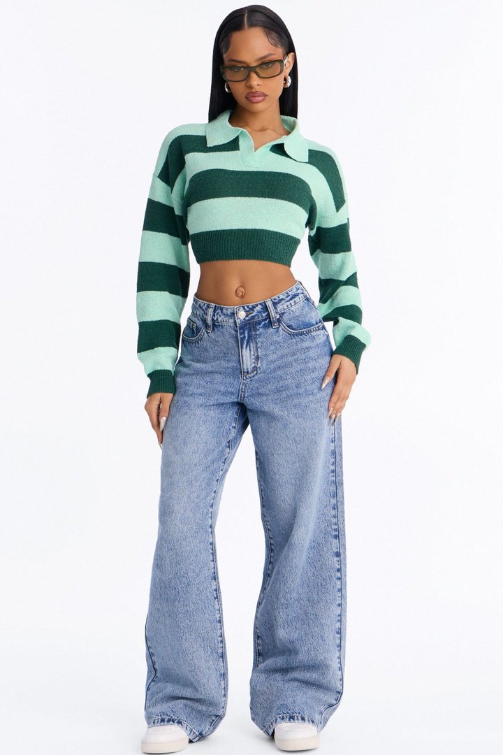 Maddie Striped Long Sleeve Polo Sweater - Mint/combo