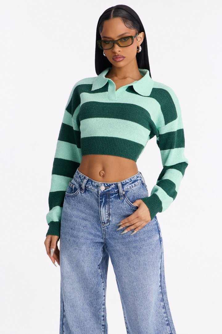 Maddie Striped Long Sleeve Polo Sweater - Mint/combo