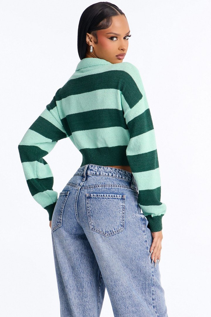 Maddie Striped Long Sleeve Polo Sweater - Mint/combo