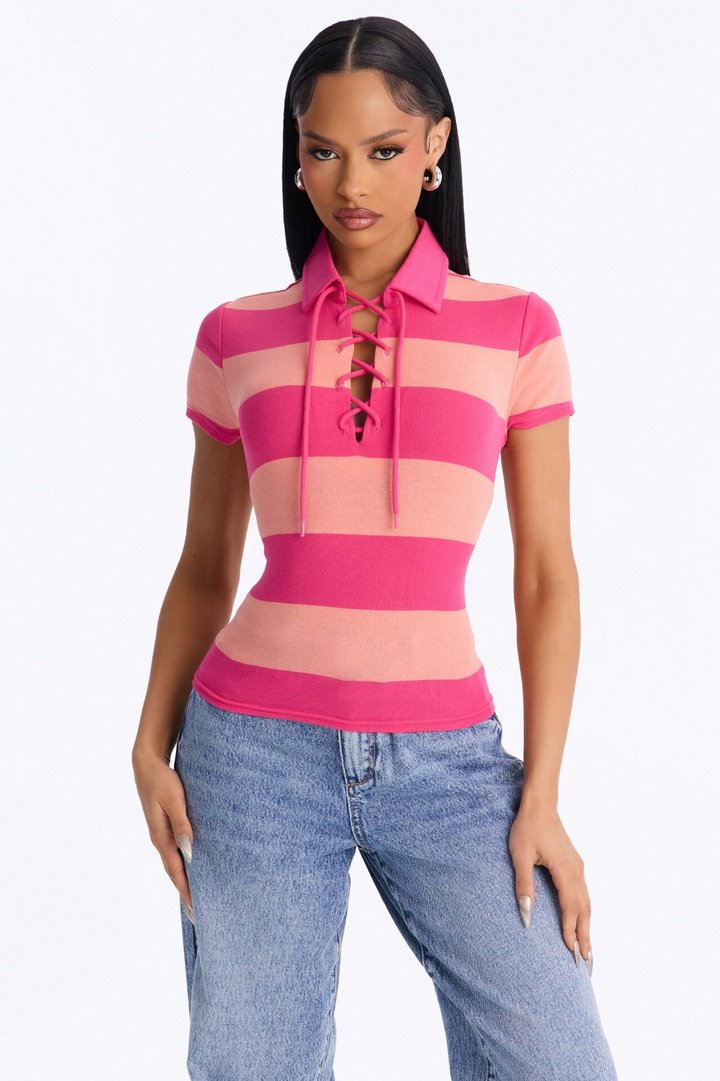 Khai Striped Lace Up Short Sleeve Polo Top - Orange/combo