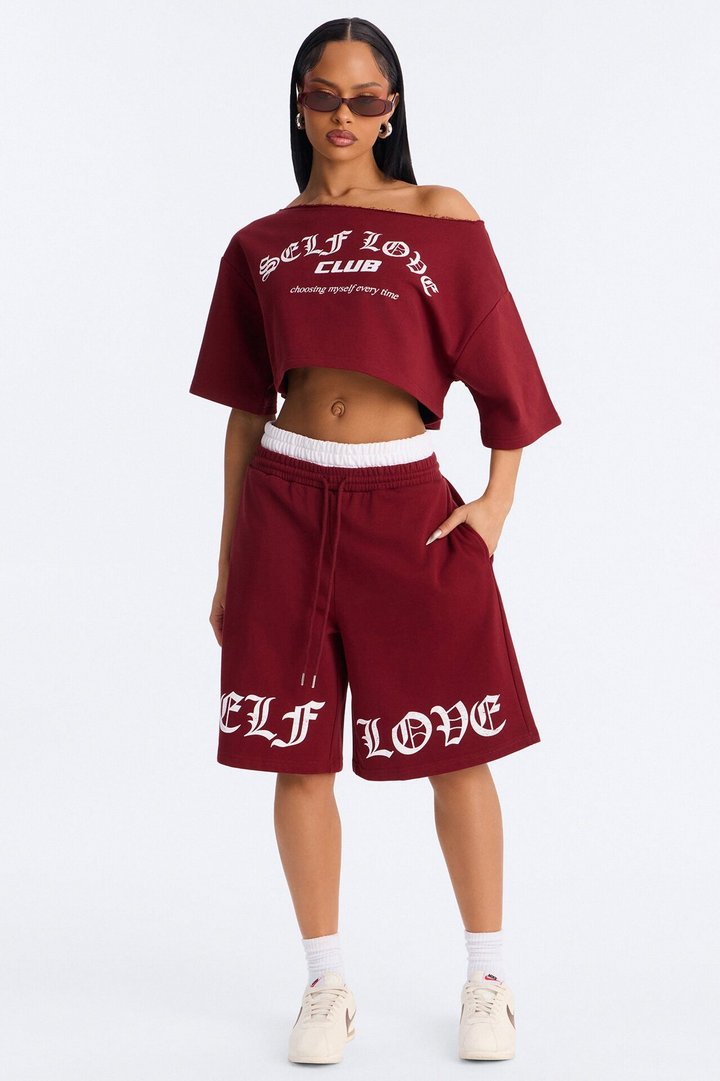 Self Love Club Off Shoulder French Terry Short Set - Burgundy