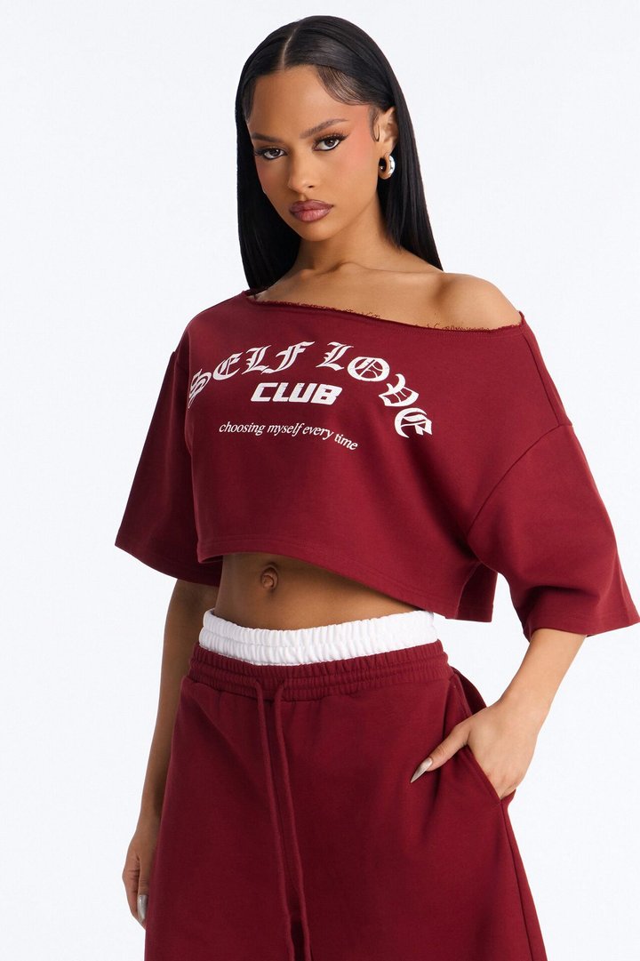 Self Love Club Off Shoulder French Terry Short Set - Burgundy