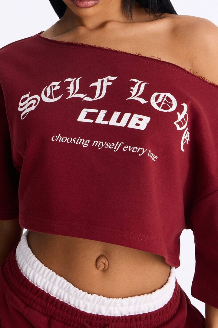 Self Love Club Off Shoulder French Terry Short Set - Burgundy