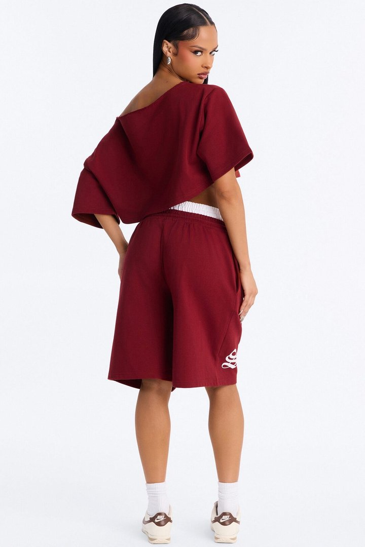 Self Love Club Off Shoulder French Terry Short Set - Burgundy