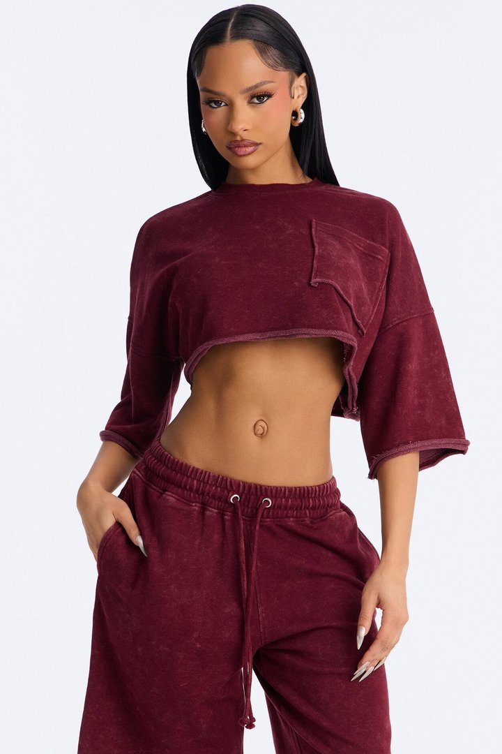 Trina Cropped French Terry Jort Set - Burgundy