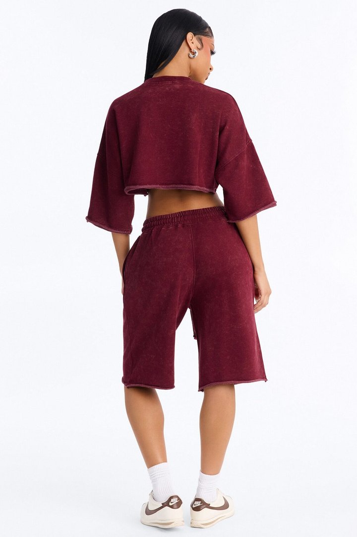 Trina Cropped French Terry Jort Set - Burgundy