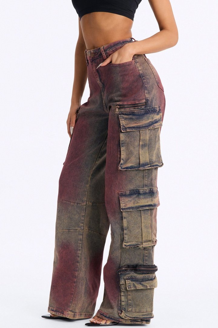Horizon Tinted Cargo Wide Leg Jeans - Red/combo