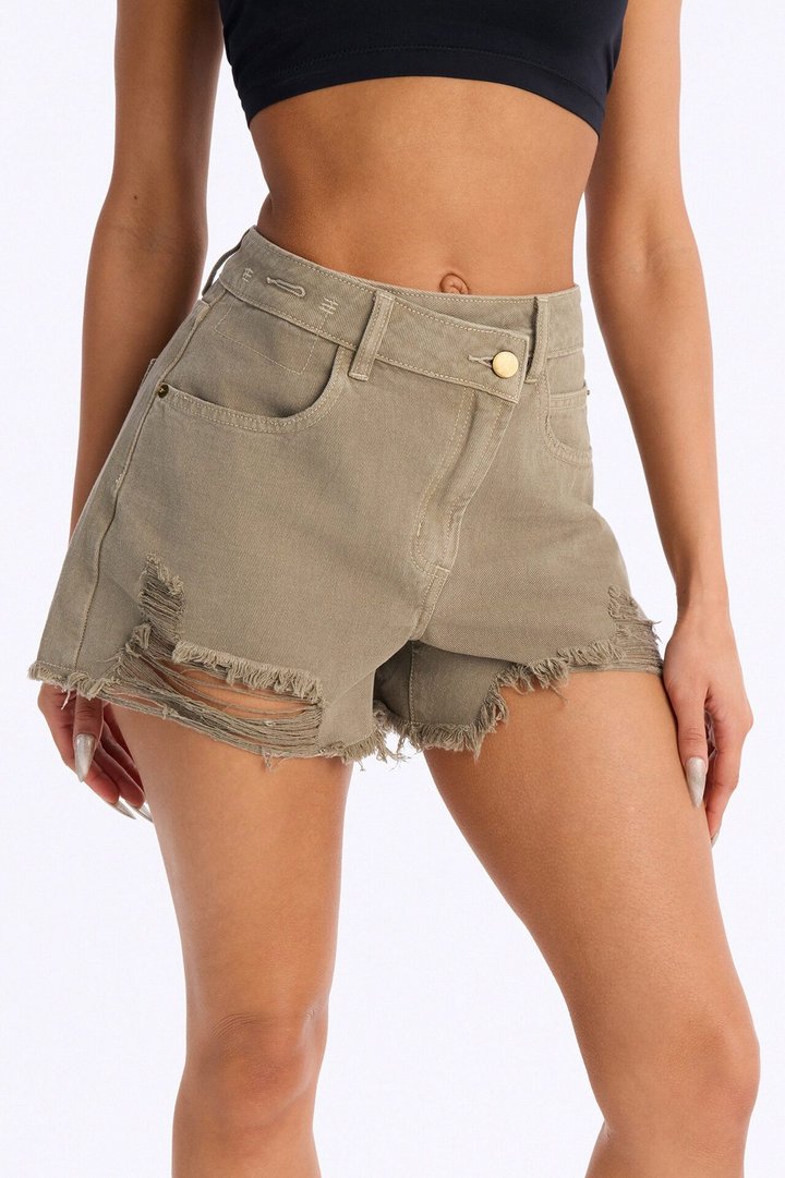 SunshineTime Crossover Cut Off Denim Shorts - Olive