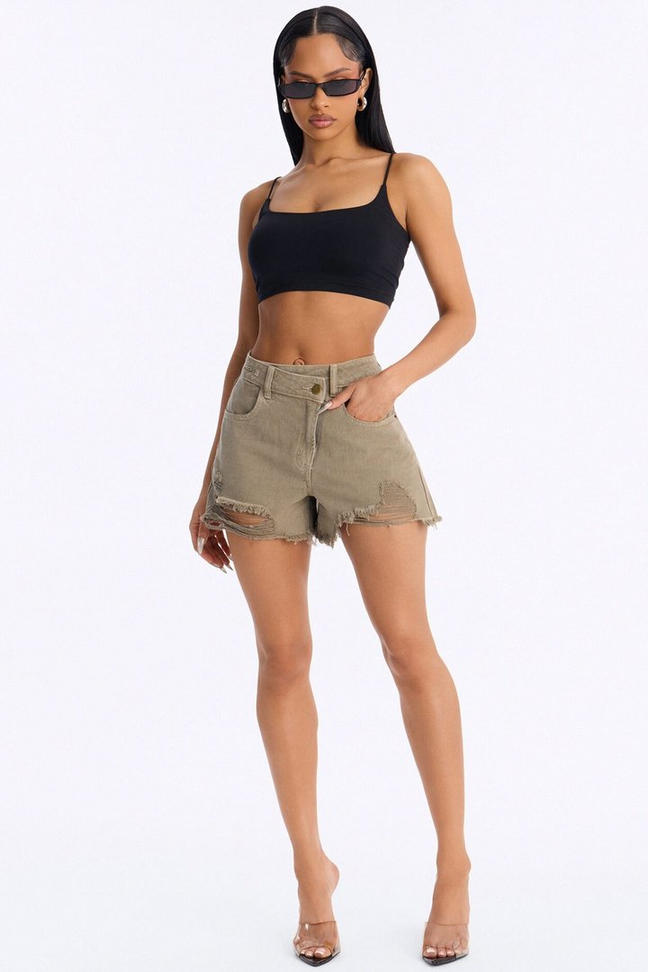 SunshineTime Crossover Cut Off Denim Shorts - Olive