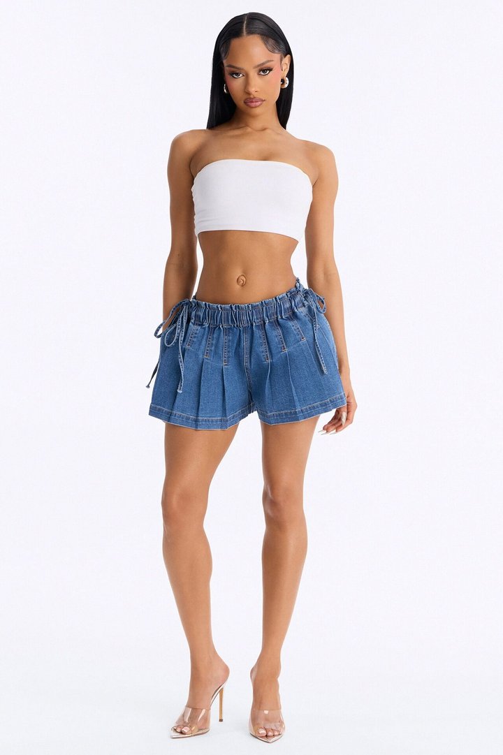 Naples Pleated Linen Blend Denim Shorts - Dark Wash