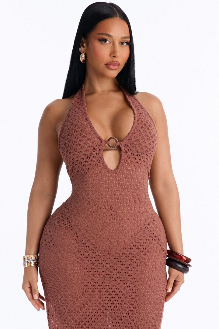 Isla Sun Heat Crochet O-Ring Midi Swim Cover Up Dress - Chocolate