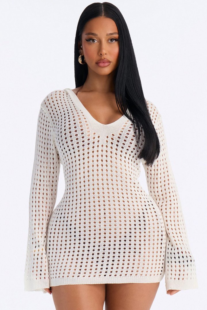Drea Crochet Long Sleeve Cover Up Dress - White