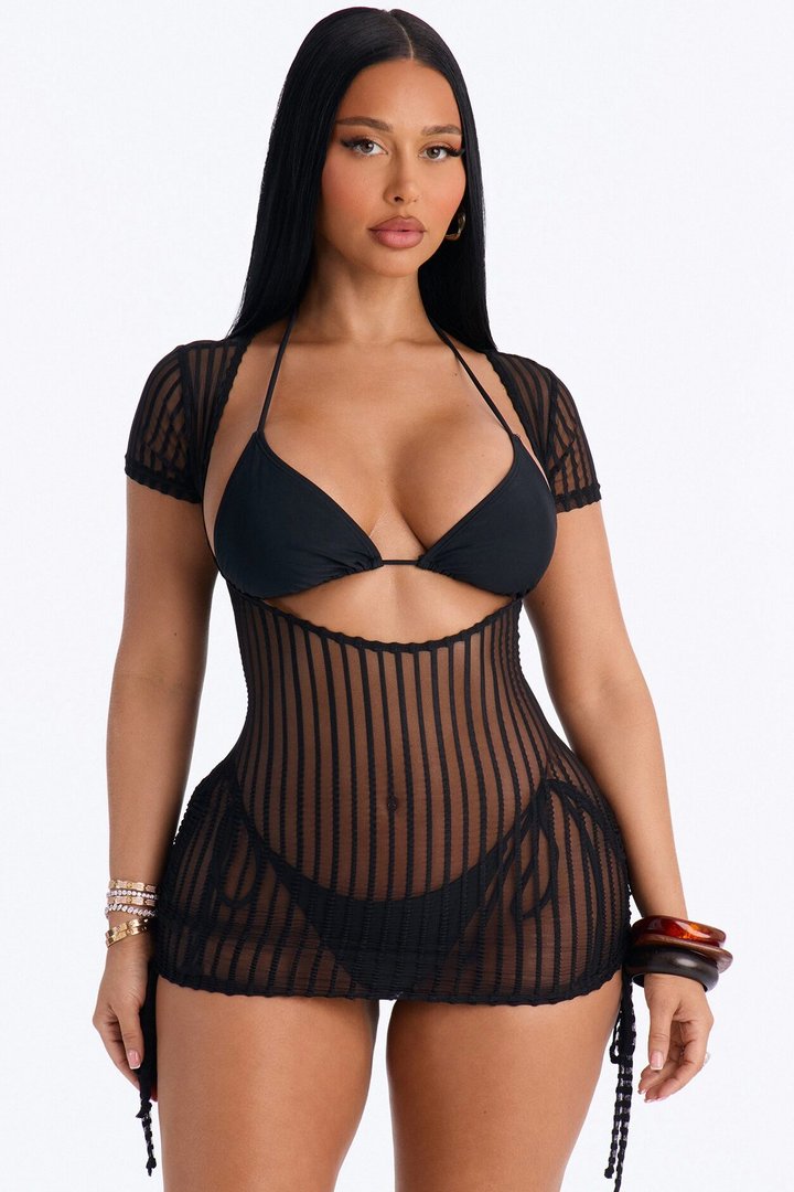 Palm Shade Stripe Mesh Open Front Cover Up Dress - Black