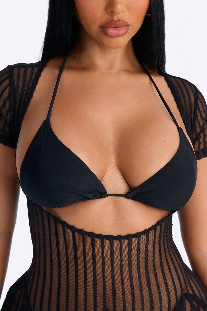 Palm Shade Stripe Mesh Open Front Cover Up Dress - Black