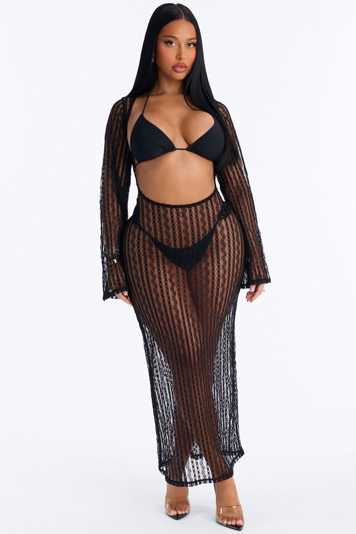 Summer Fling Stripe Lace Scoop Cover Up Maxi Dress - Black