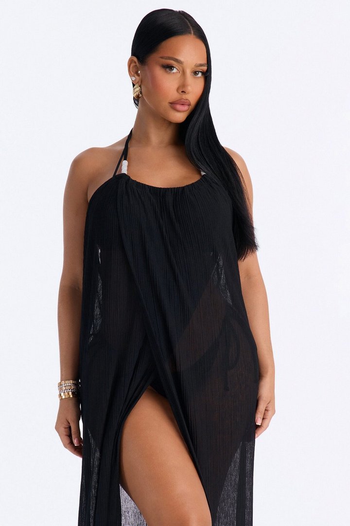 Summer Breeze Plisse Halter Cover Up Maxi Dress - Black