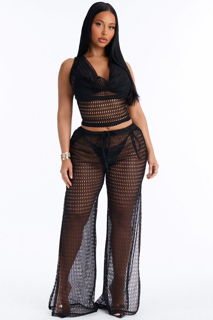 Sunny Shores Metallic Cowl Neck Cover Up Pants Set - Black