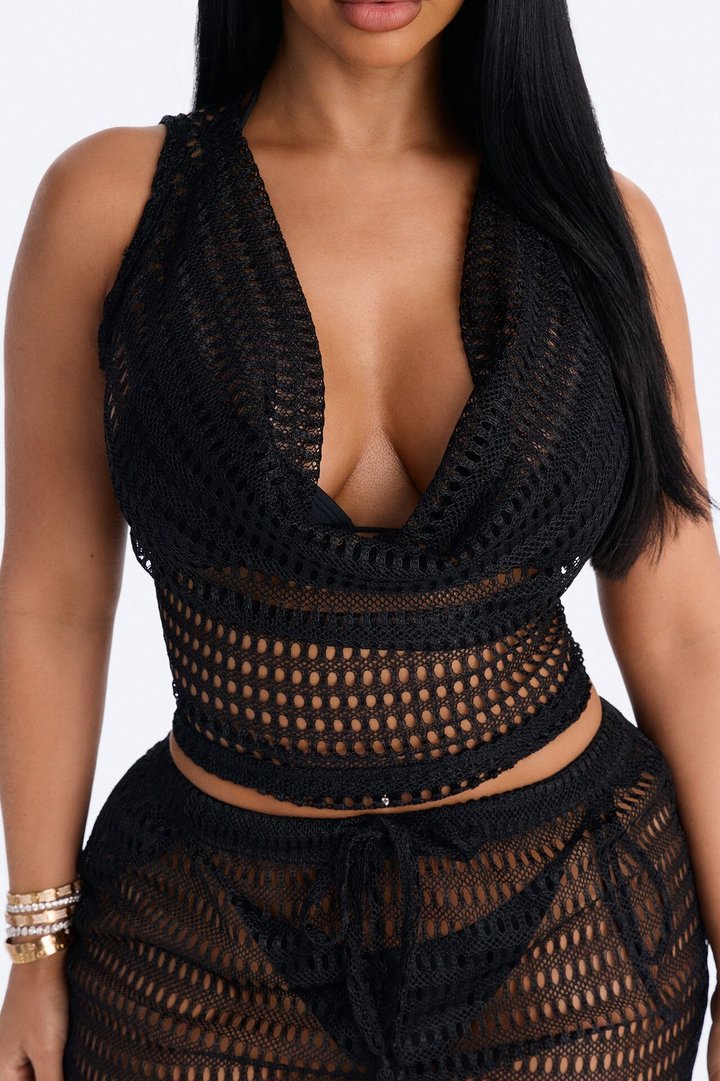 Sunny Shores Metallic Cowl Neck Cover Up Pants Set - Black